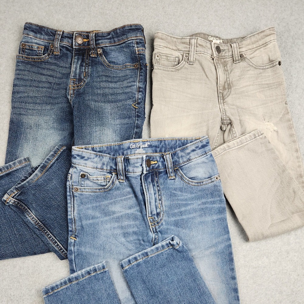 Cat & Jack Jeans Kids 5/6 Blue Brown Denim Whiskered Stretch Streetwear Lot of 3